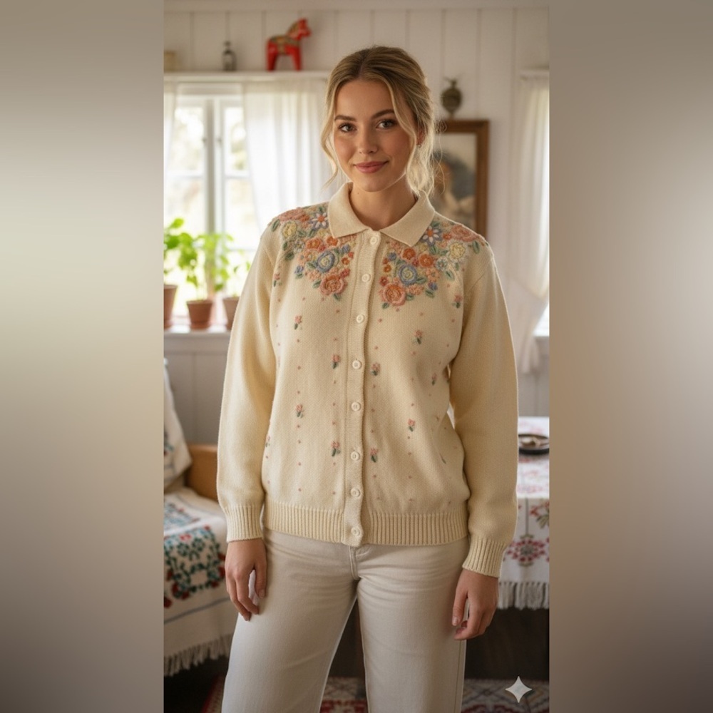 Jump ! Eve Roth knit sweater button up 3D floral details